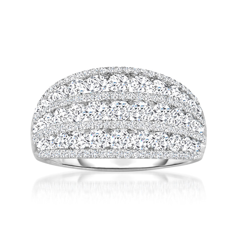 14kt white gold multi-row diamond ring with rounded band and pavé rows