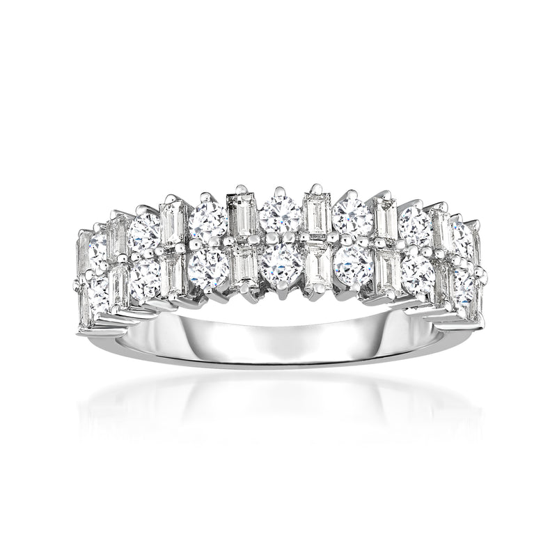 14kt white gold diamond ring with baguette and round stones, raised prongs