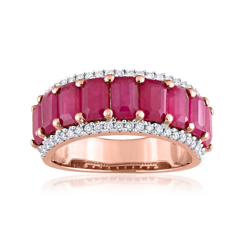 14kt rose gold ring with three pink ruby gemstones and diamond pave band