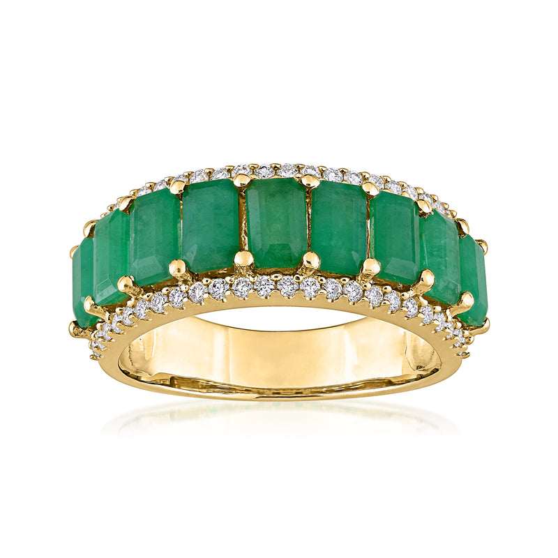 14kt yellow gold ring with green emerald rectangles and small round diamond accents