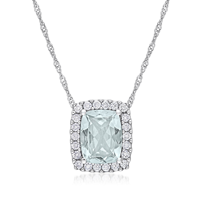 Square aquamarine pendant necklace in white gold with diamond halo, prong-set stone