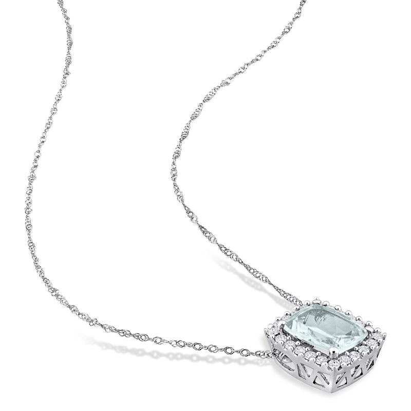 White gold necklace with square aquamarine pendant and diamond accents on prong-set center