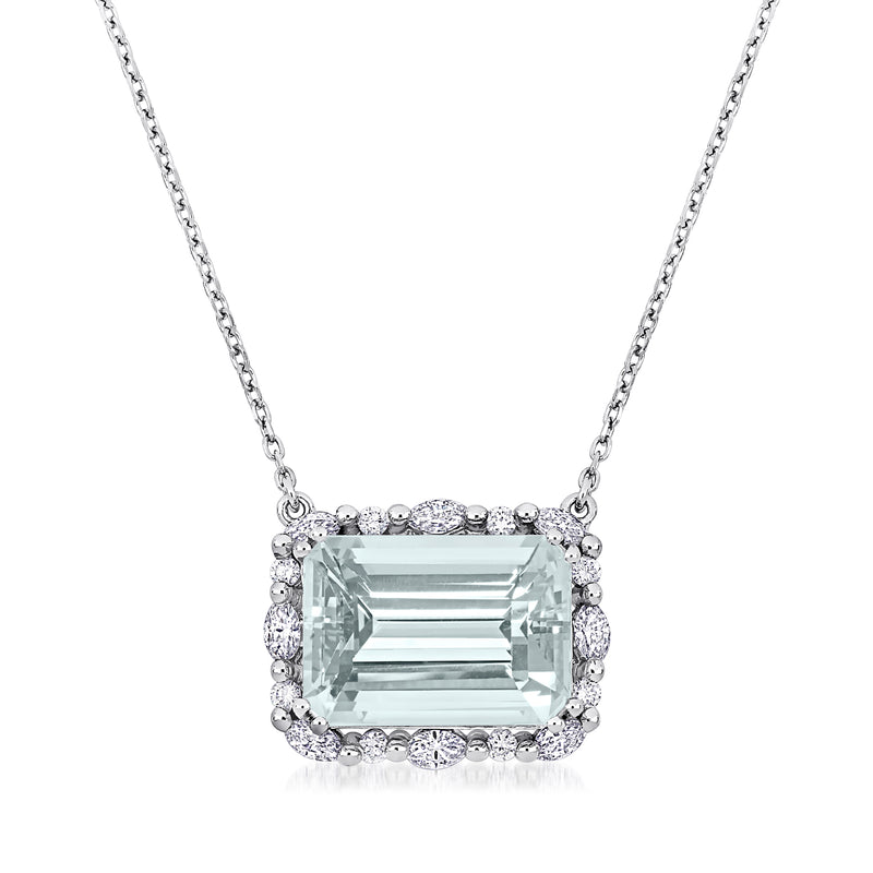 Aquamarine and diamond halo pendant necklace in 14k white gold with baguette-cut center