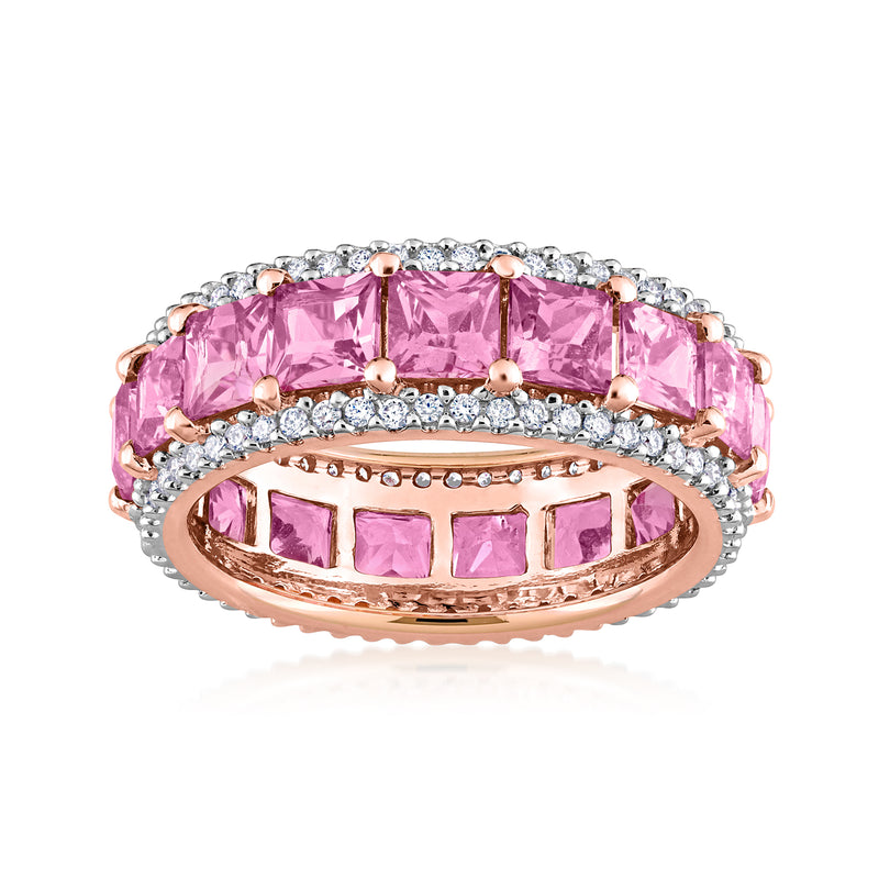 14kt rose gold eternity band with pink sapphire and diamond rows, pink gemstone segments