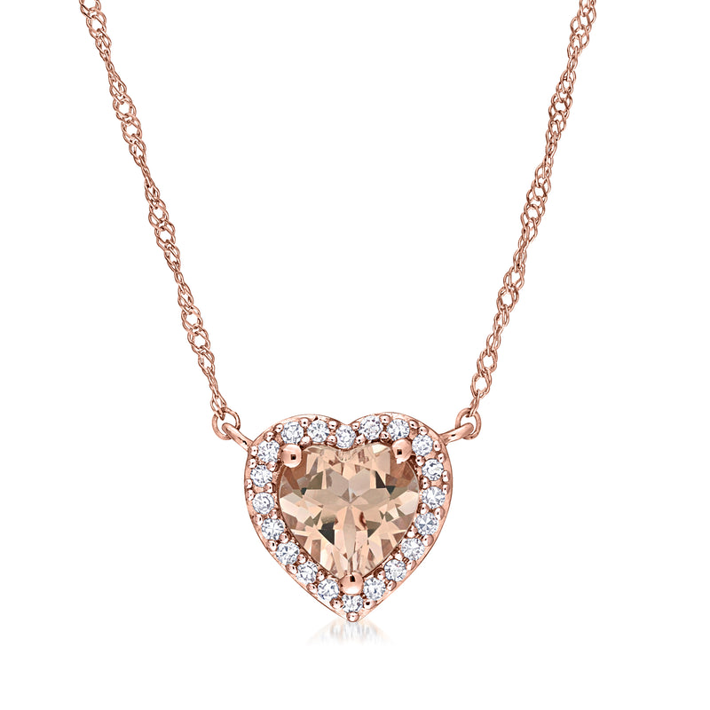 14kt rose gold heart necklace with morganite center and diamond halo
