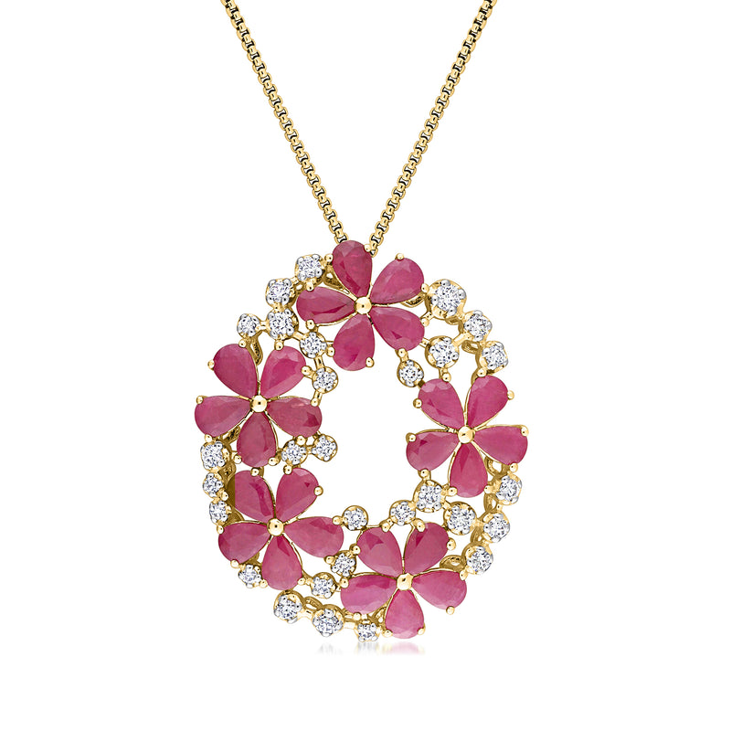 14kt yellow gold ruby and diamond flower pendant necklace with pink ruby and clear diamond blooms