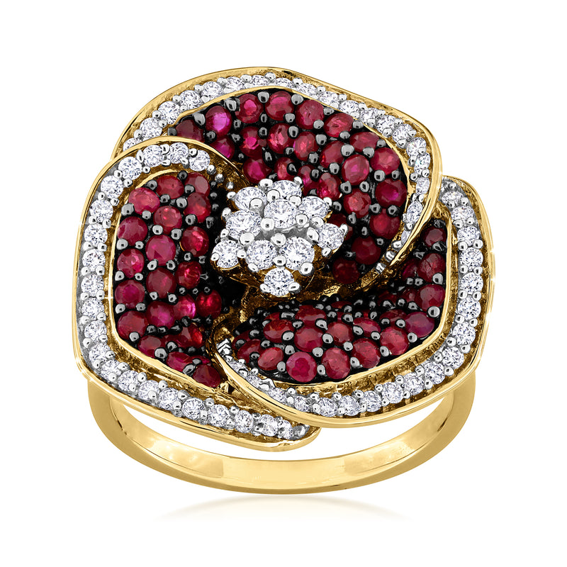14kt yellow gold flower ring with ruby-colored stones and diamond halo