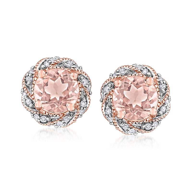 Rose gold morganite stud earrings with cushion pink center and diamond halo, post backs