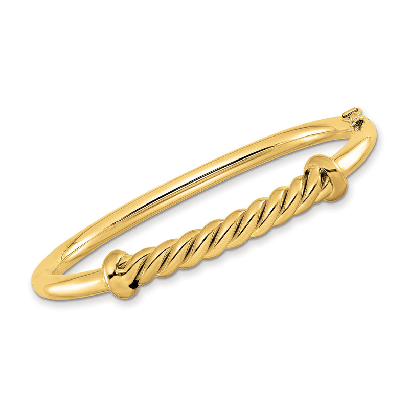 14kt yellow gold twisted bar bangle bracelet with hinged clasp