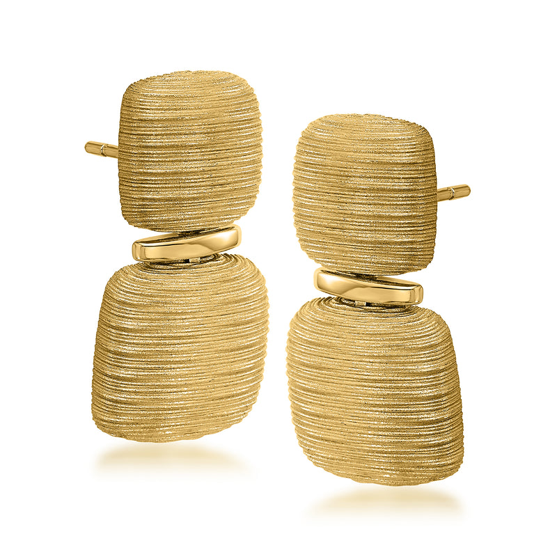 18kt yellow gold double square drop post earrings with textured finish