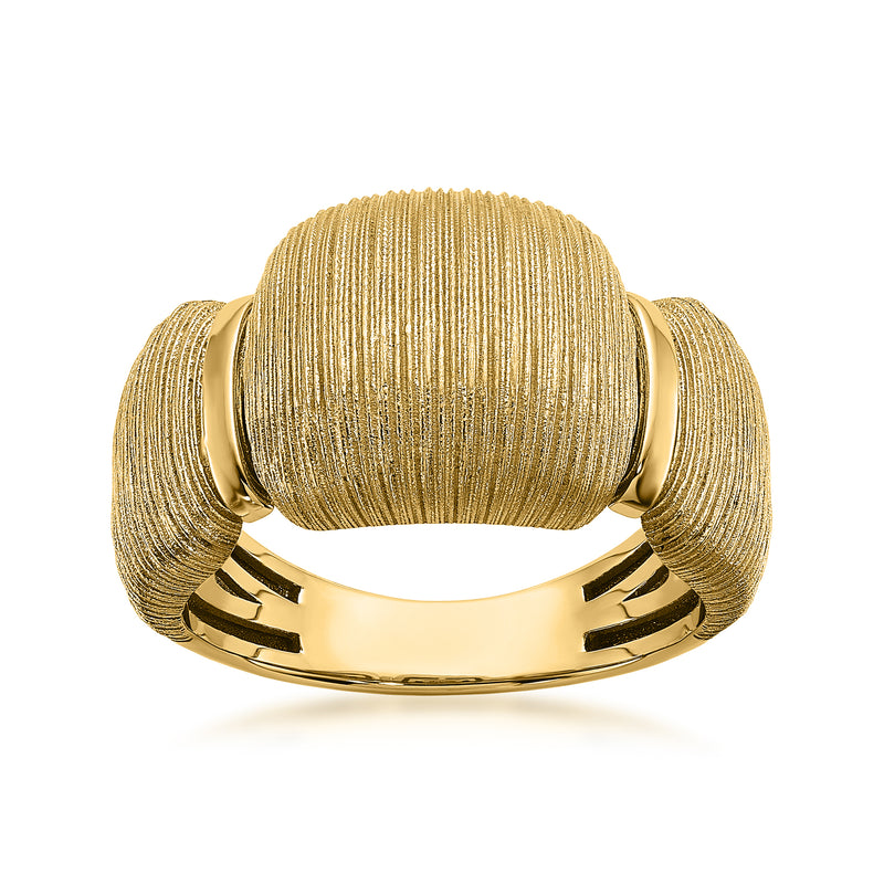 18kt yellow gold textured dome ring with rounded band and side ridges