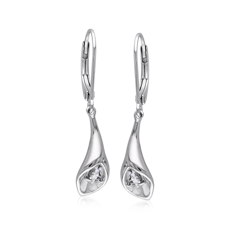 Sterling silver diamond-accented flower drop earrings with leverback closure