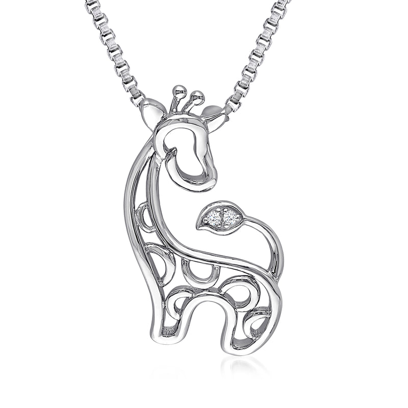 Silver giraffe necklace pendant with round diamond-accented eye and chain