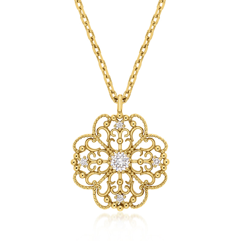 14kt yellow gold diamond filigree necklace with circular pendant