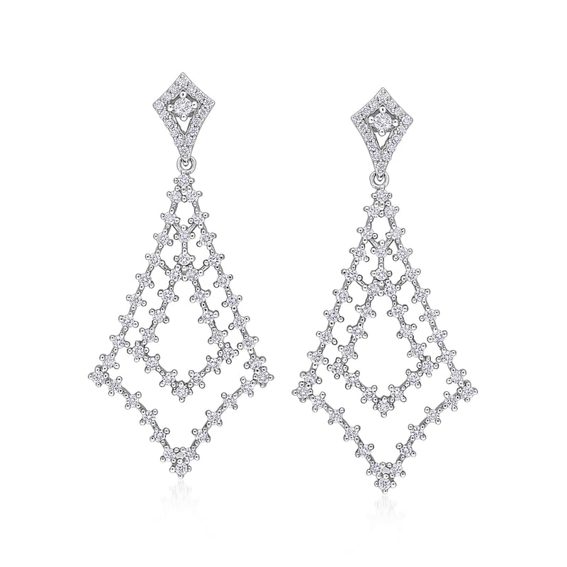 14kt white gold diamond geometric drop earrings with ornate kite and lattice dangle