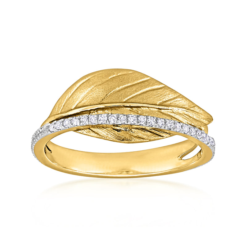 14kt yellow gold leaf diamond ring with pave-set stones on the band, oval profile