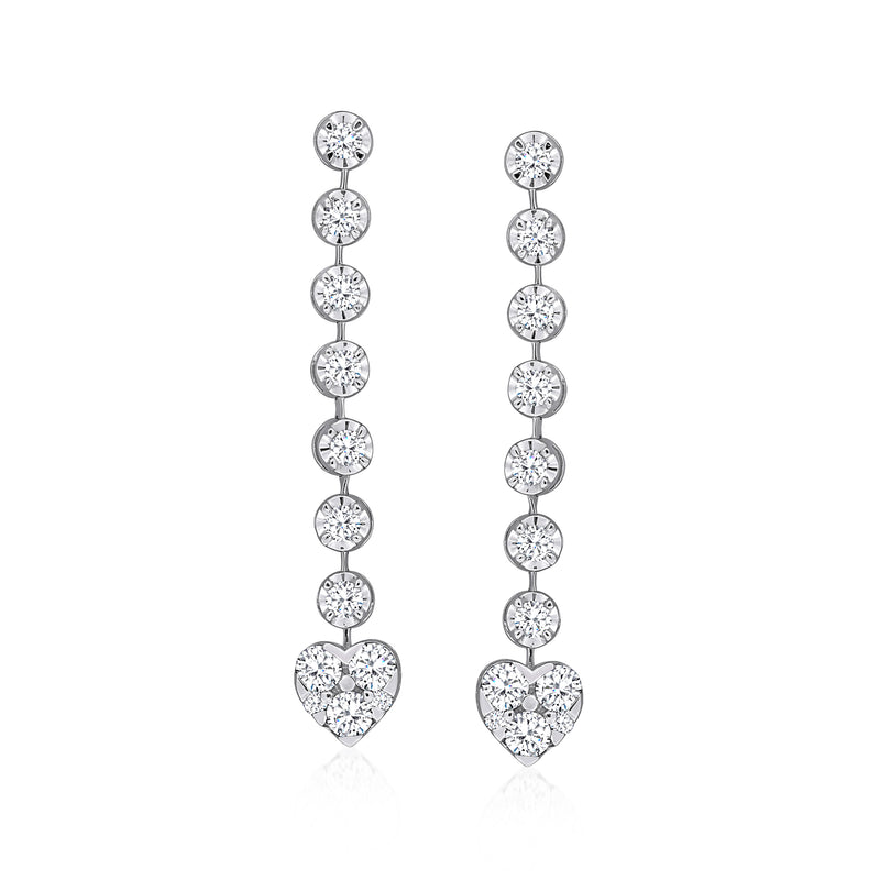 14kt white gold diamond linear drop earrings with round stones and heart drop