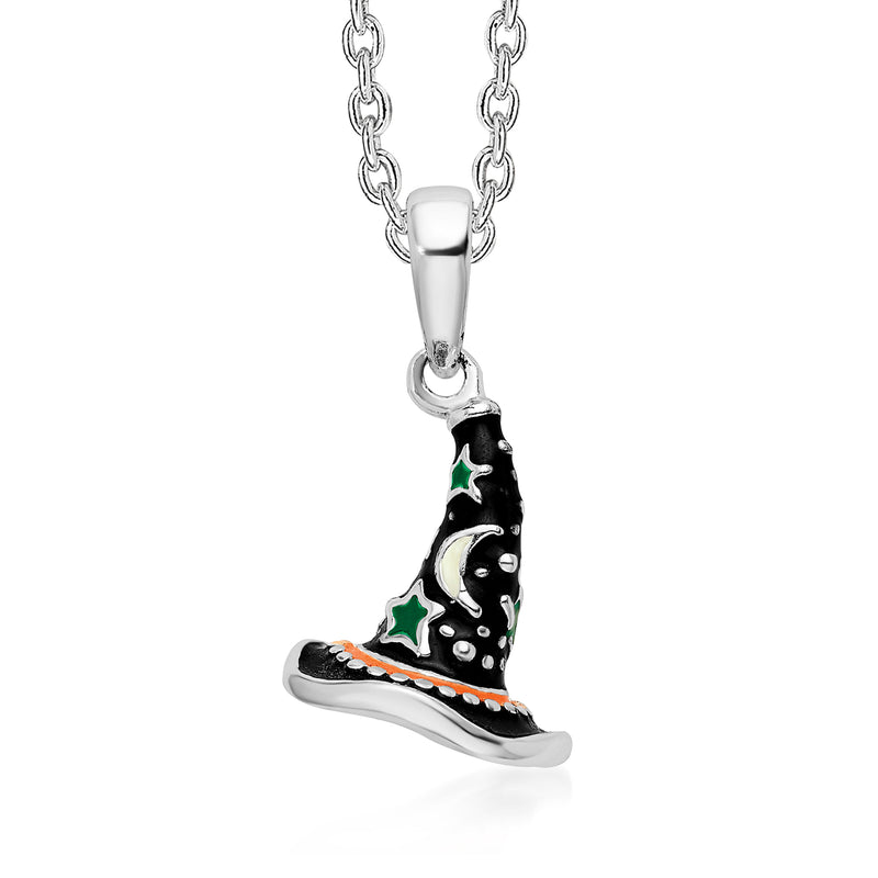 Sterling silver witch hat pendant necklace with black enamel, green stars, orange detail