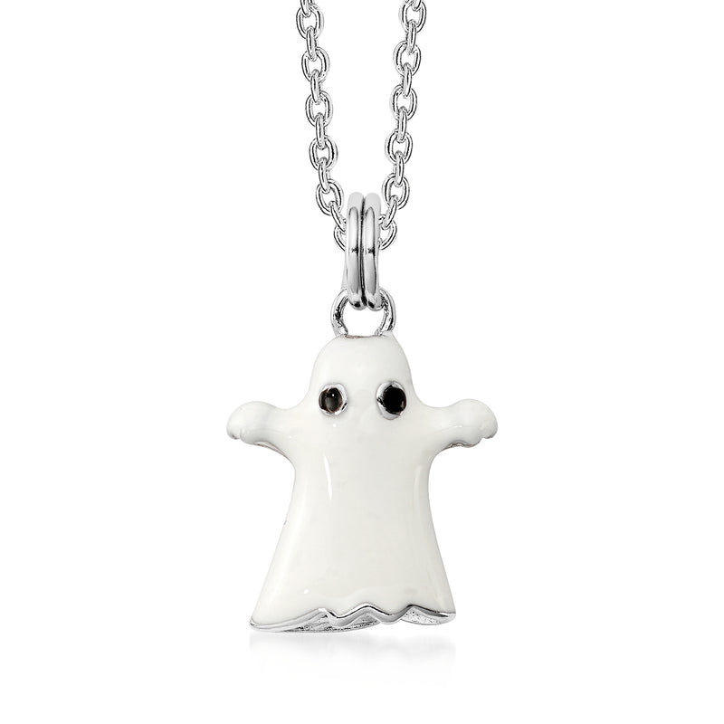Sterling silver ghost pendant necklace with white enamel and black eyes