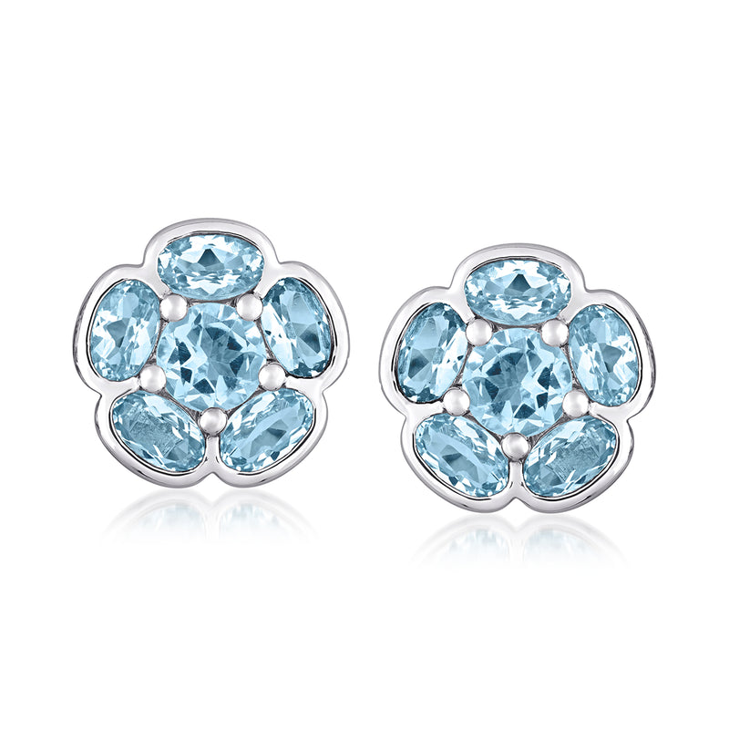 Sterling silver flower stud earrings with sky blue topaz gemstones (post)