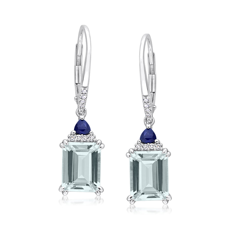 14kt white gold leverback drop earrings with aqua and sapphire stones, diamond accents
