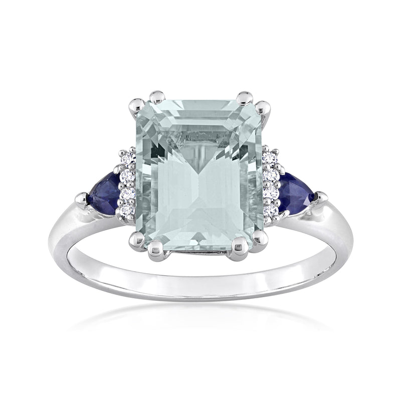 14kt white gold ring with emerald-cut aquamarine, diamond halo, and blue sapphire accents