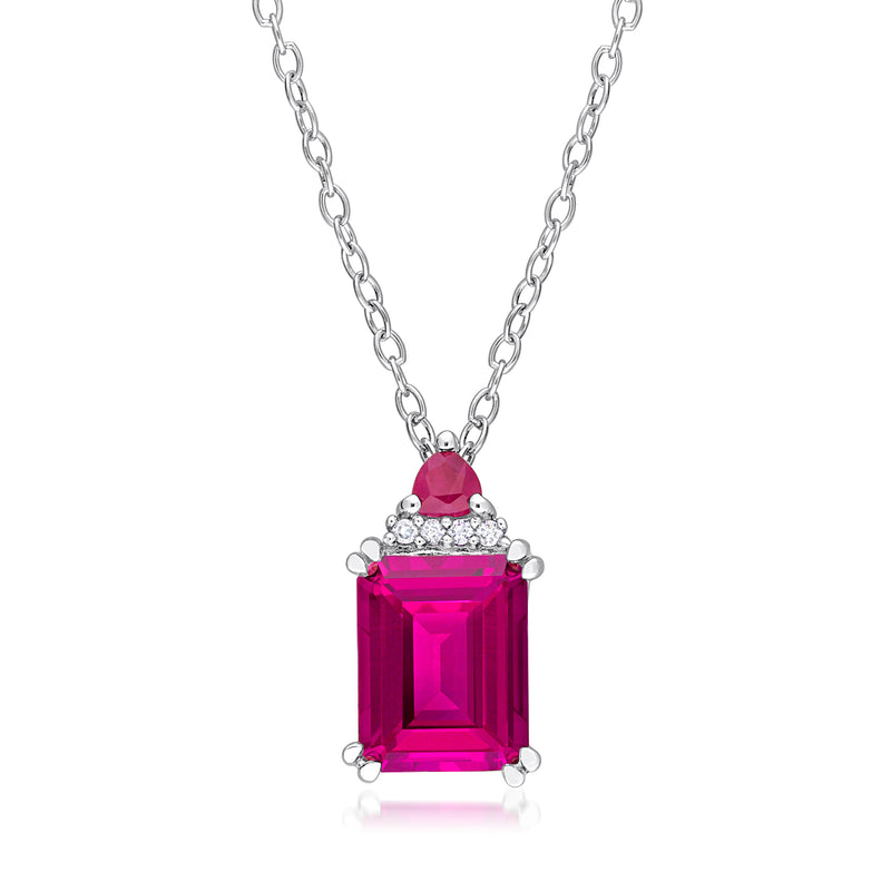 Sterling silver pendant necklace with rectangular pink gemstone and diamond accents