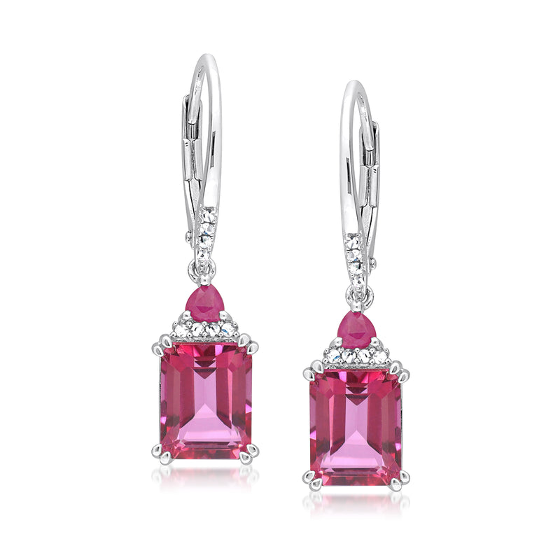 Sterling silver leverback drop earrings with pink gemstone, diamond accents and scalloped halo