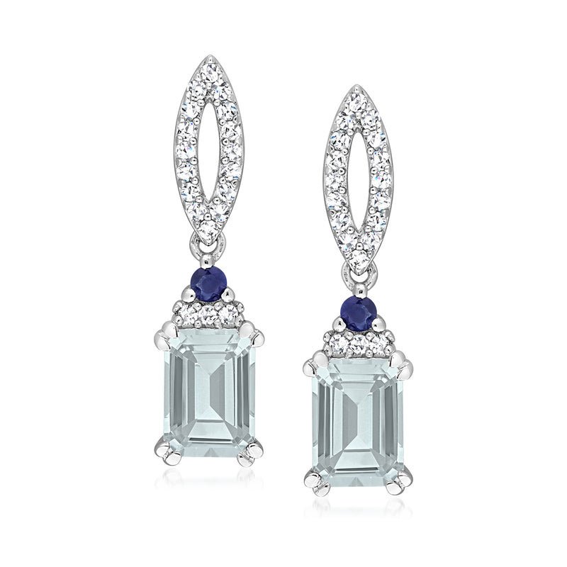 Sterling silver drop earrings with aquamarine center, round blue sapphire caps, diamond halos