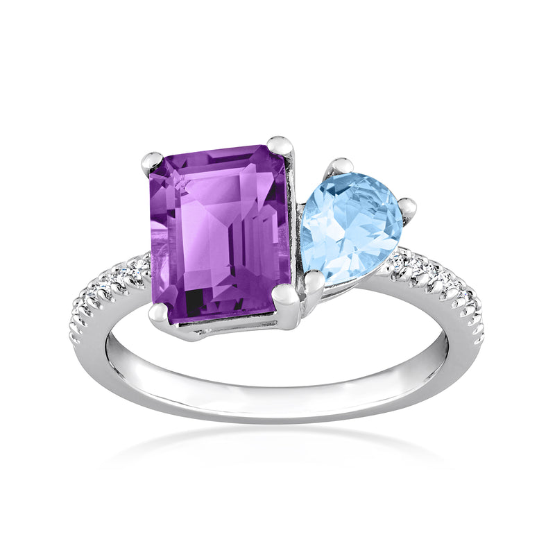 Sterling silver ring with square amethyst, round sky-blue topaz, diamond accents