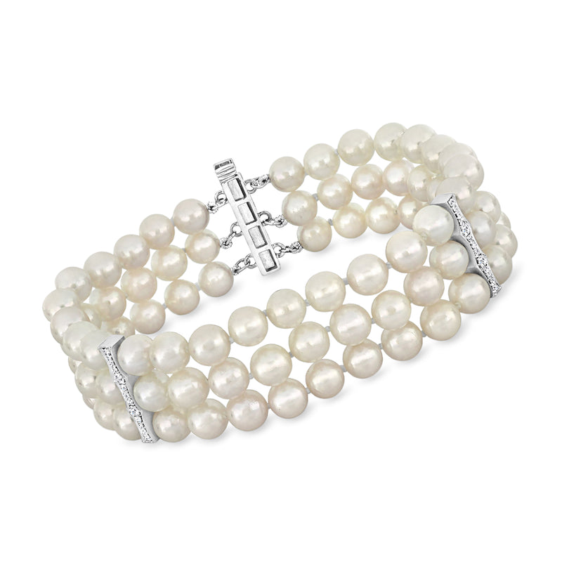 Three-row cultured Akoya pearl bracelet with diamond clasp in 14kt white gold
