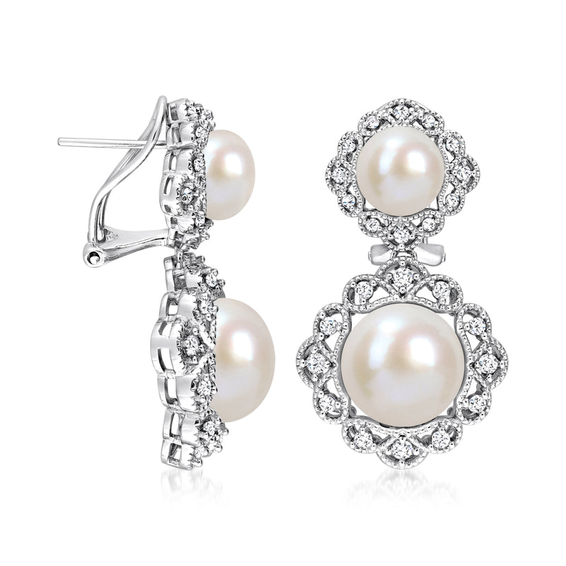 Sterling silver post drop earrings with two cultured pearls and clear stone halos
