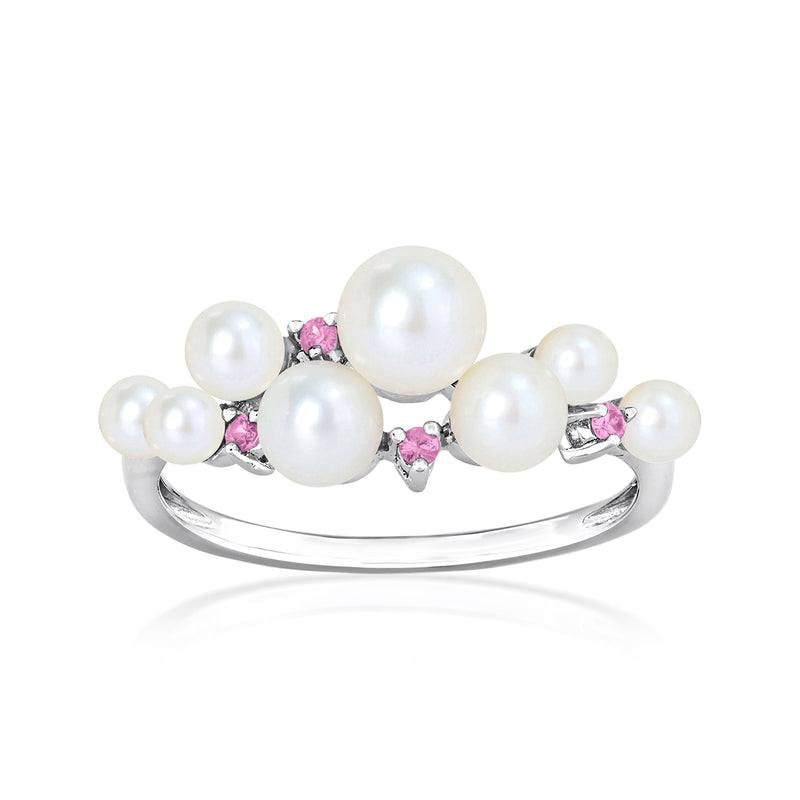 Sterling silver ring with five cultured white pearls and pink sapphire accents