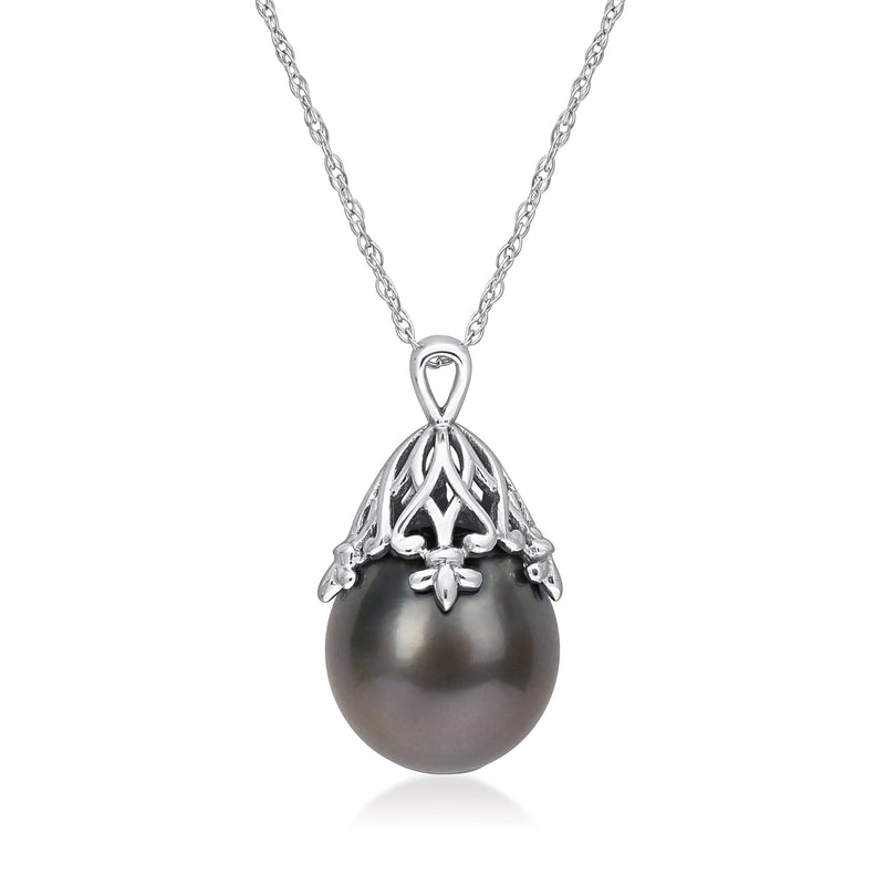 Black cultured Tahitian pearl drop pendant necklace with white gold bail and chain