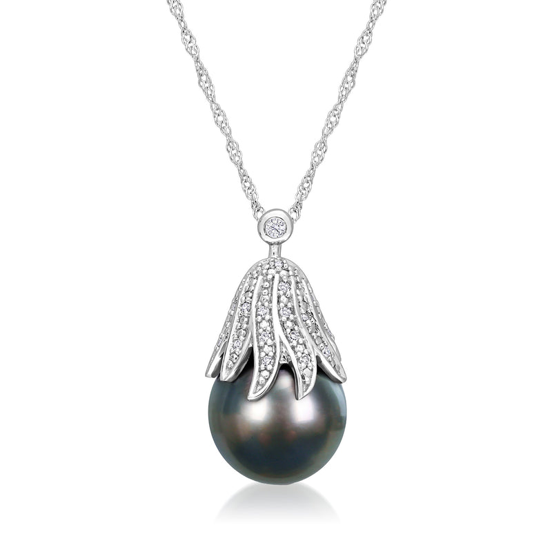 Black cultured pearl pendant necklace in 14kt white gold with diamond-accent cap