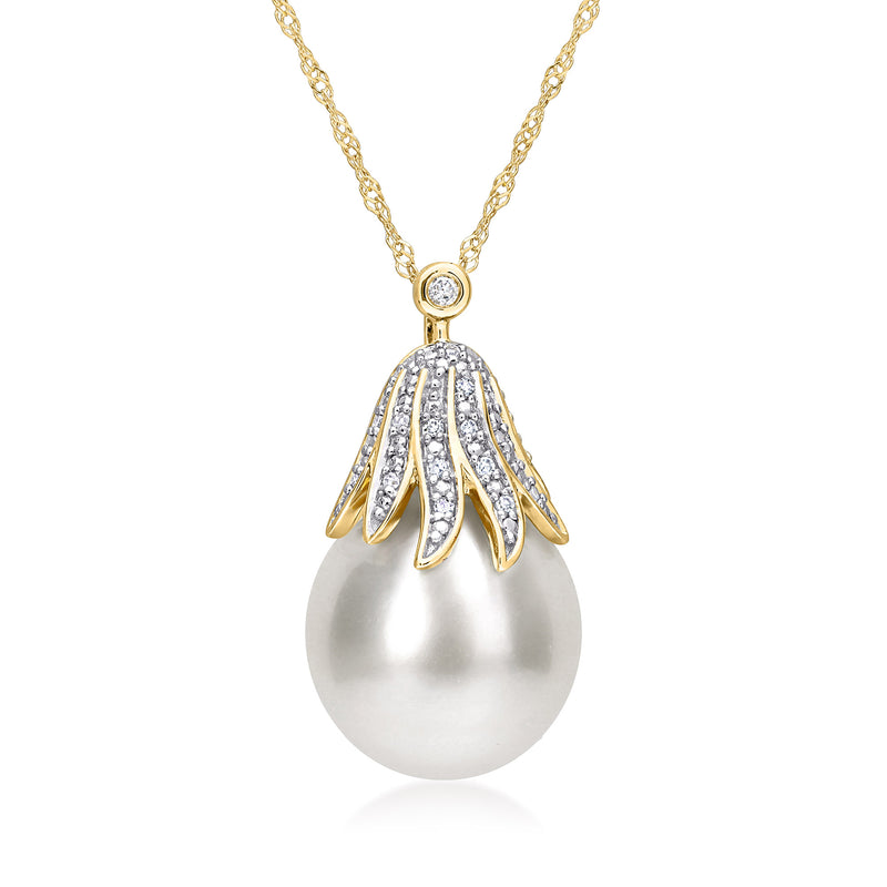 14kt yellow gold necklace with South Sea pearl pendant and diamond-accent cap