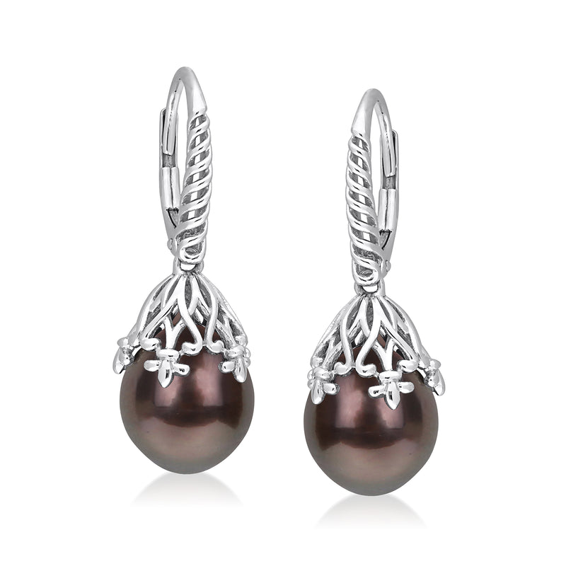 Black cultured pearl drop earrings in 14kt white gold, leverback with filigree bezel