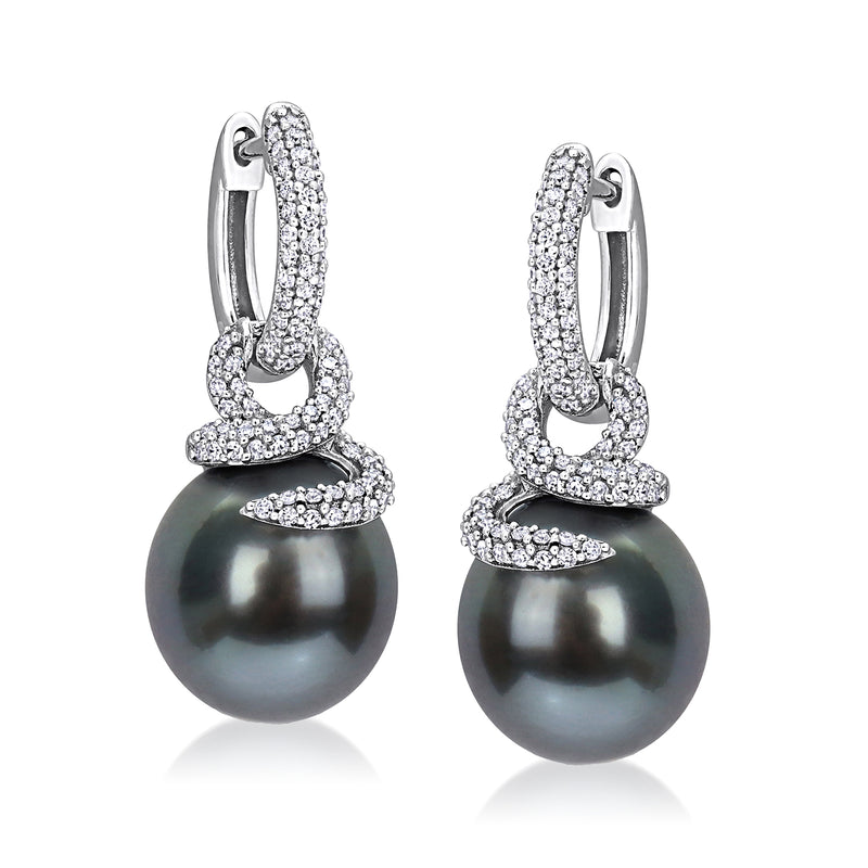 Black Tahitian pearl and diamond coiled drop earrings in white gold