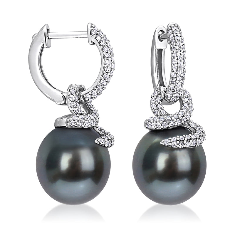 Black Tahitian pearl and diamond coiled drop earrings in white gold