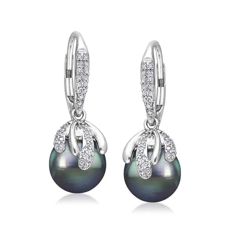 14kt white gold leverback drop earrings with dark Tahitian pearl and diamond halo
