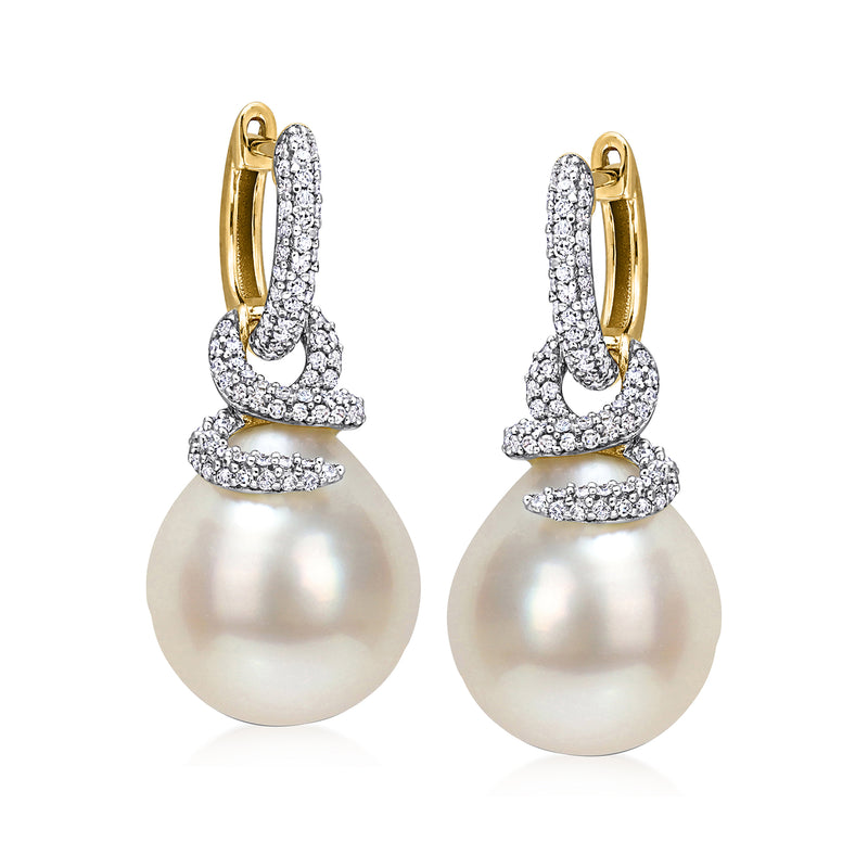 South Sea pearl and diamond coiled drop earrings in 14kt yellow gold