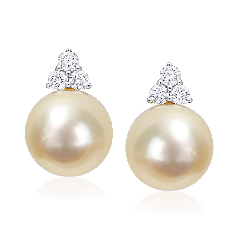 14kt yellow gold pearl and diamond trio stud post earrings with large golden cultured pearl