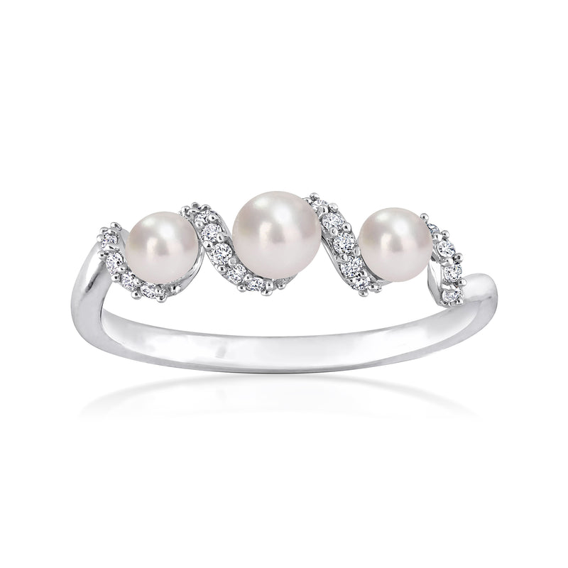 14kt white gold ring with three round cultured pearls and diamond halo accents