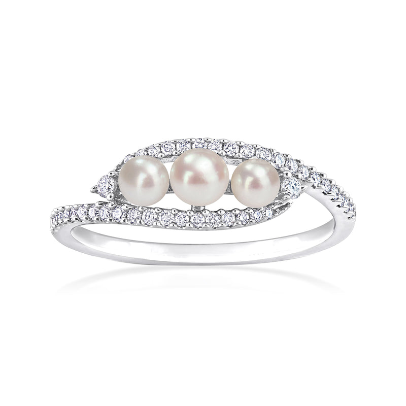 14kt white gold swirl ring with three cultured pearls and round diamonds