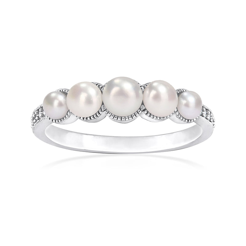 Cultured pearl and diamond-accent ring in 14kt white gold with five round pearls
