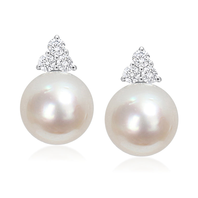 Cultured South Sea pearl and diamond trio post earrings: round white pearls with diamond clusters