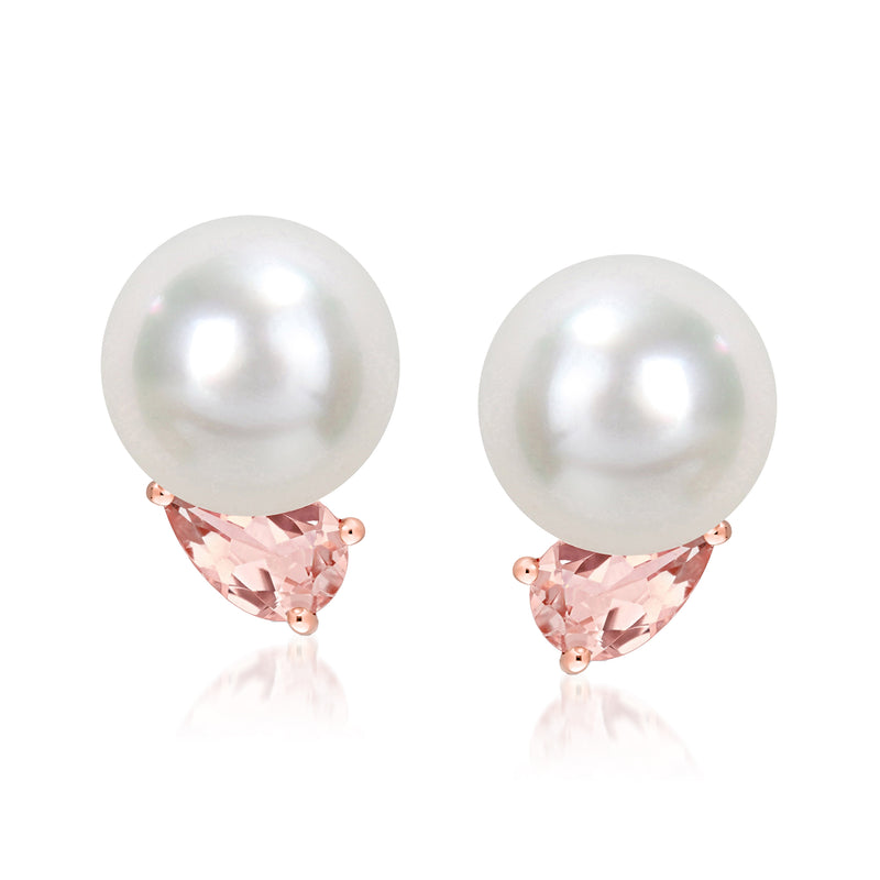 Cultured South Sea pearl and morganite triangle stud earrings in rose gold, post backs