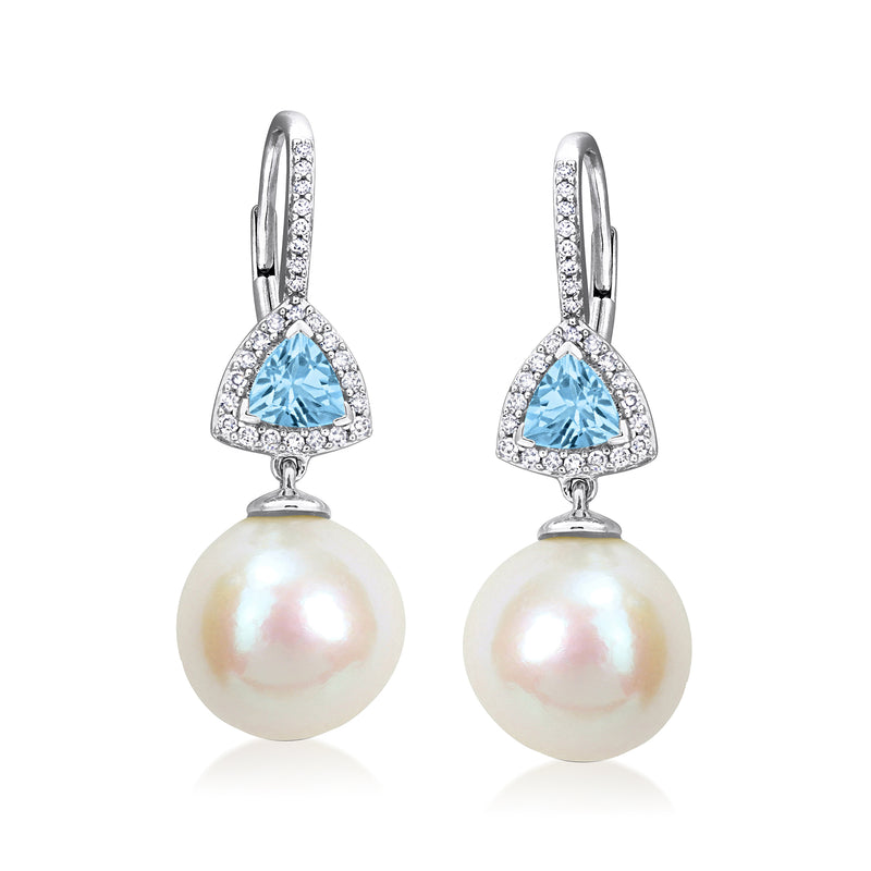 14kt white gold drop earrings with sky blue topaz triangle, diamond accents, and white pearls