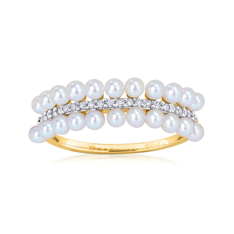 Yellow gold ring with cultured pearls and diamond band