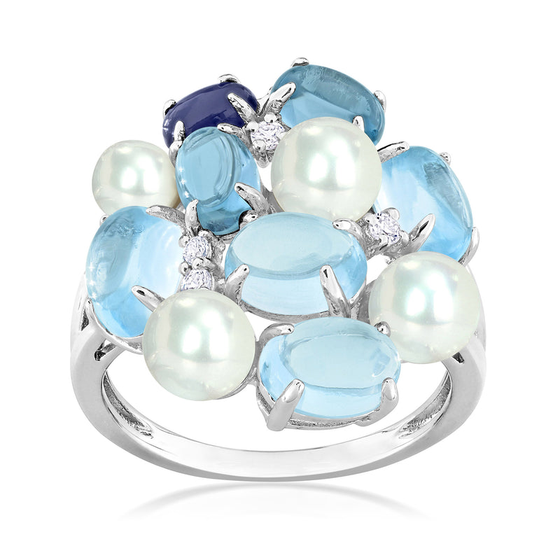 Sterling silver ring with clustered blue oval gemstones and white cultured pearls, prong-set